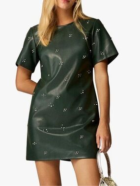LifeShe Dark Green Short Sleeve Studded Faux Leather Dress, Like New (Size S)